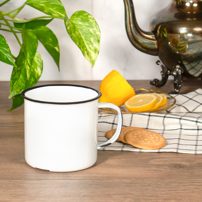 Red Co. Set of 4 Enamelware Metal Large Classic 22 Oz Round Coffee and Tea Mug with Handle, Distressed White/Black Rim