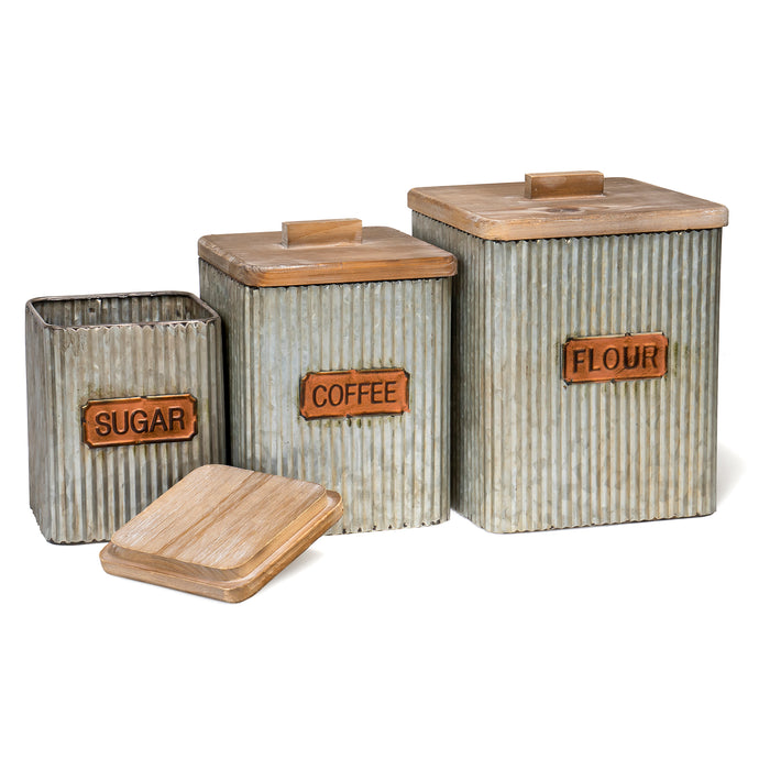 Red Co. Set of 3 Sizes, Sugar, Coffee & Flour Corrugated Storage Canister Jars with Lids, Distressed Metal & Wood