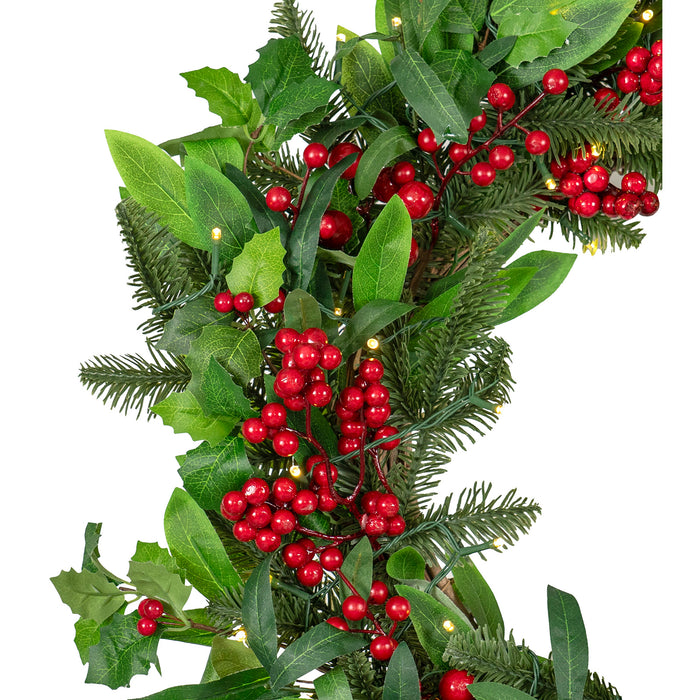 Red Co. 26” Decorative Artificial Light-Up Christmas Holly Wreath with Red Berries, Battery-Operated LED Lights with Timer