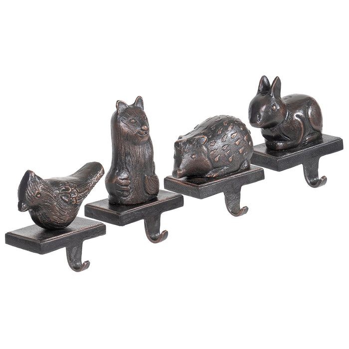 Red Co. Set of 4 Decorative 5" to 8" Cast Iron Stocking Holders with Hook, Old Bronze – Christmas Animals