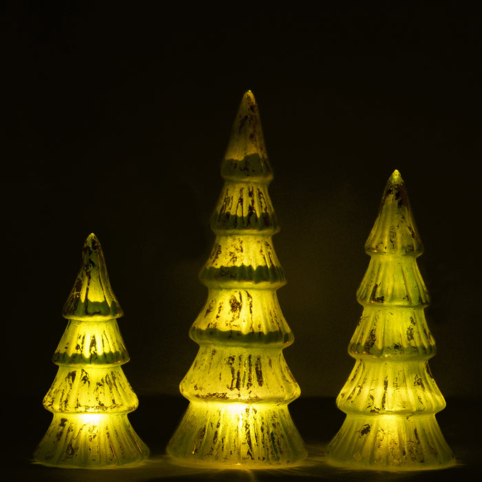 Red Co. 10”, 8.5”, and 7” Glass Christmas Tree Figurine Ornaments with LED Lights, Light-Up Holiday Season Décor – Brushed Green in Distressed Gold – Set of 3 Sizes