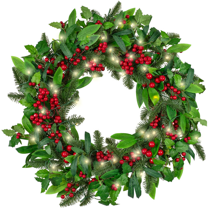 Red Co. 26” Decorative Artificial Light-Up Christmas Holly Wreath with Red Berries, Battery-Operated LED Lights with Timer