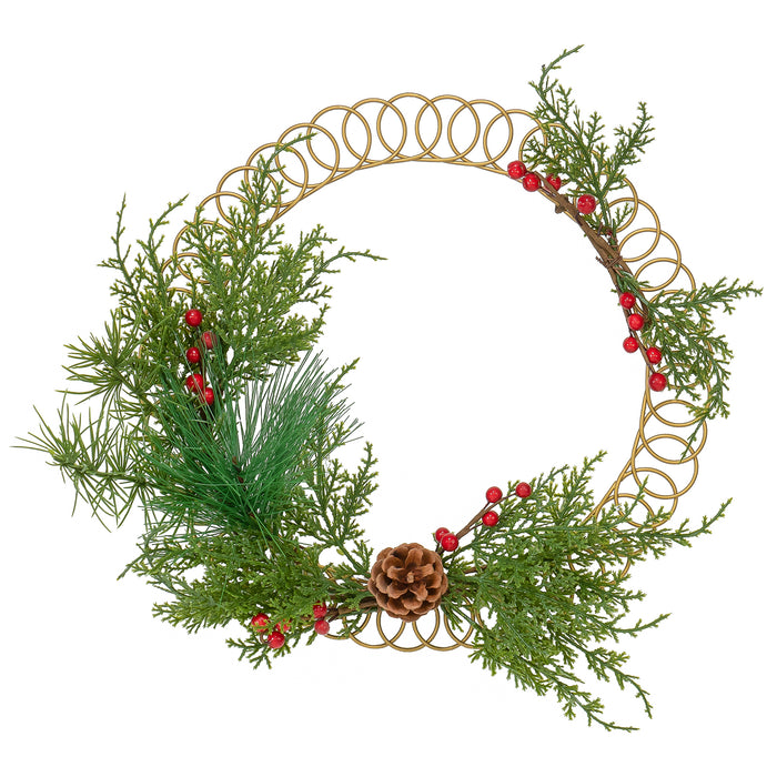 Red Co. 13.5” Decorative Golden Metal Spiral Christmas Card Holder Wreath with Evergreen Pine and Red Berries