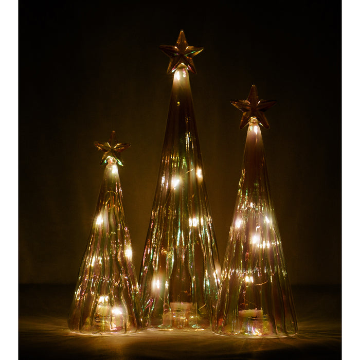 Red Co. 11”, 9.5”, and 8” Iridescent Golden Glass Christmas Tree Figurines with LED Lights, Set of 3