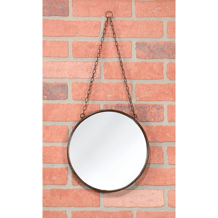 Decorative Round Hanging Wall Mirror with Chain, Country Rustic Inspired Rust Finish, 10-inch