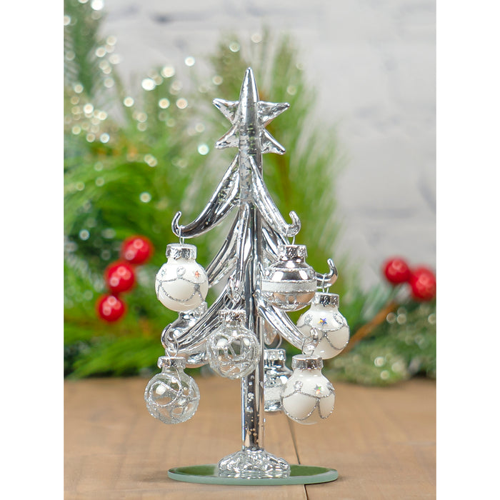 Red Co. 6" Small Metallic Silver Glass Christmas Tree Tabletop Decoration with Glittered Removable Ornaments