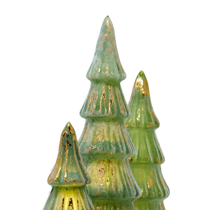 Red Co. 10”, 8.5”, and 7” Glass Christmas Tree Figurine Ornaments with LED Lights, Light-Up Holiday Season Décor – Brushed Green in Distressed Gold – Set of 3 Sizes