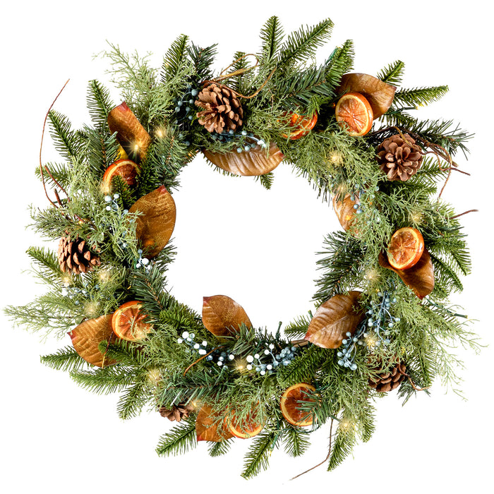 Red Co. 26” Decorative Artificial Light-Up Christmas Wreath with Orange Slices, Battery-Operated LED Lights with Timer