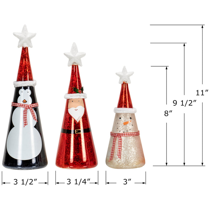 Red Co. 11”, 9.5”, 8” Light-Up Glass Christmas Tabletop Display Figurines, Set of 3 – Snowman, Santa, Penguin