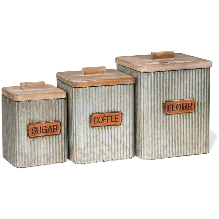 Red Co. Set of 3 Sizes, Sugar, Coffee & Flour Corrugated Storage Canister Jars with Lids, Distressed Metal & Wood