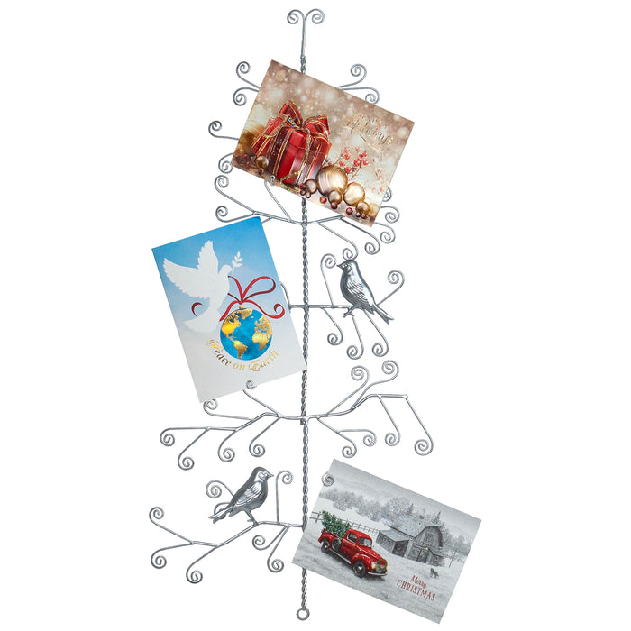 Red Co. 29” Decorative Metal Wall Display Christmas Tree Card & Photo Holder Rack with Birds – Silver