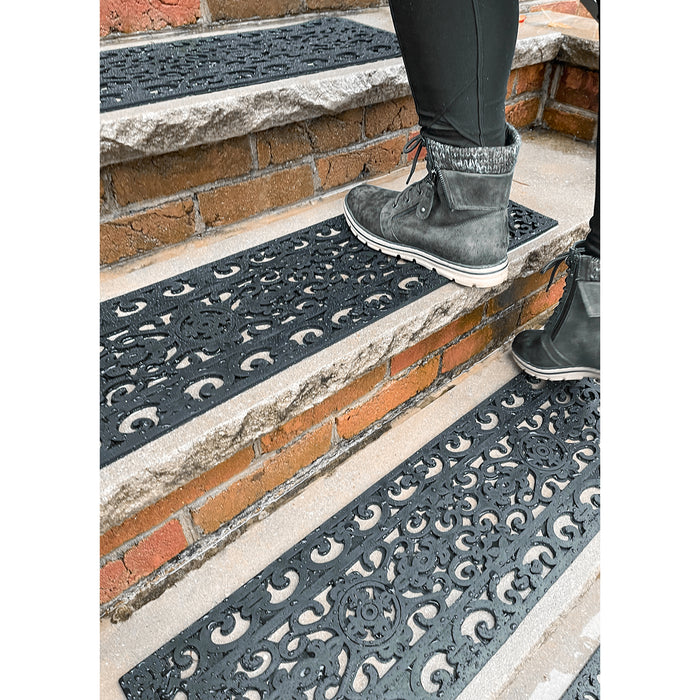 EVERLINEA 4-Pack 10” x 30” Anti-Slip Scroll Rubber Stair Step Tread Mats for Indoor & Outdoor, Black