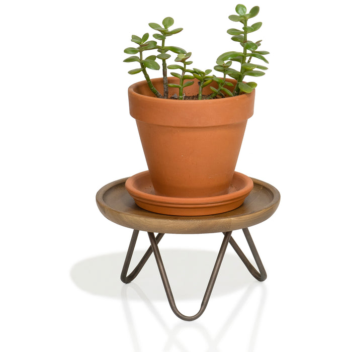 Red Co. 8.75” Dia Round Decorative Wooden Pedestal Plant Stand with Metal Pin Legs, Natural Brown