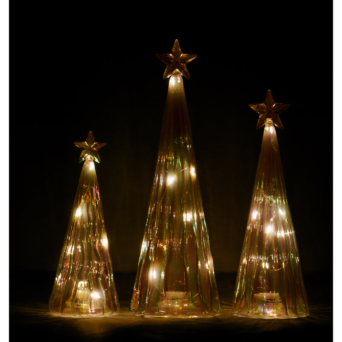 Red Co. 11”, 9.5”, and 8” Iridescent Golden Glass Christmas Tree Figurines with LED Lights, Set of 3