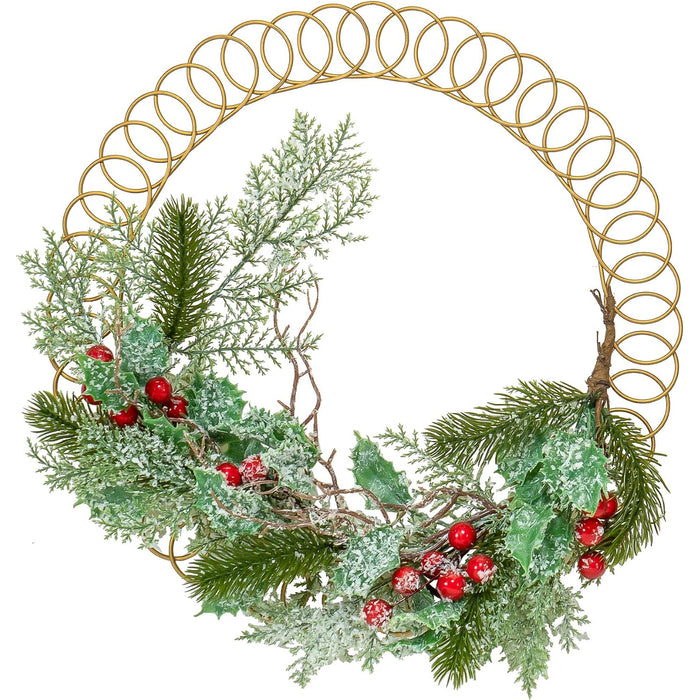 Red Co. 13.5” Decorative Golden Metal Spiral Christmas Card Holder Wreath with Snow Flecked Pine and Red Berries