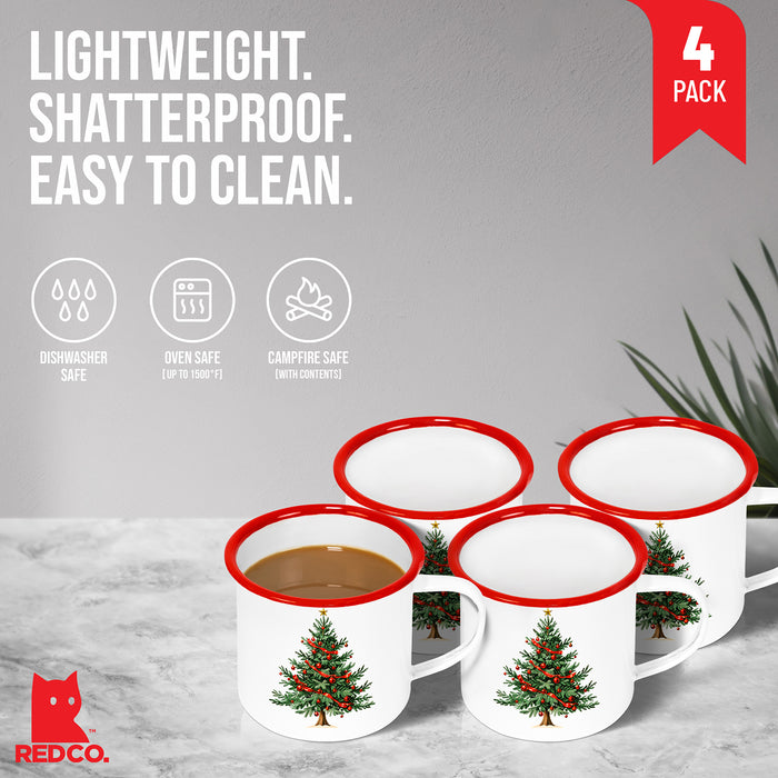 Red Co. Set of 4 Enamelware Metal Medium 12 Fl Oz Coffee Mug with Handle, Solid White/Red Rim – Christmas Tree