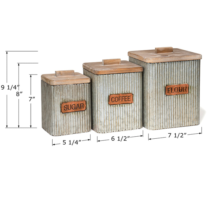 Red Co. Set of 3 Sizes, Sugar, Coffee & Flour Corrugated Storage Canister Jars with Lids, Distressed Metal & Wood