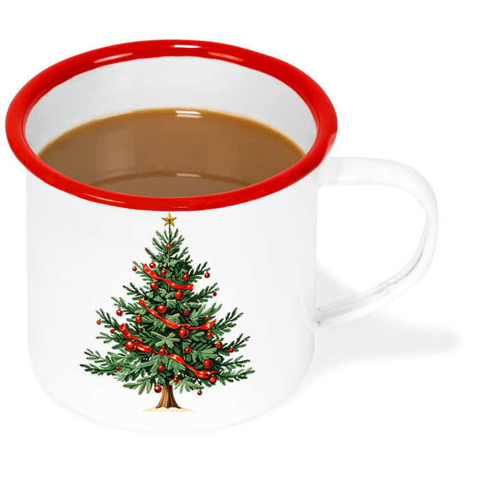 Red Co. Set of 4 Enamelware Metal Medium 12 Fl Oz Coffee Mug with Handle, Solid White/Red Rim – Christmas Tree