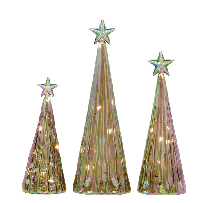 Red Co. 11”, 9.5”, and 8” Iridescent Golden Glass Christmas Tree Figurines with LED Lights, Set of 3