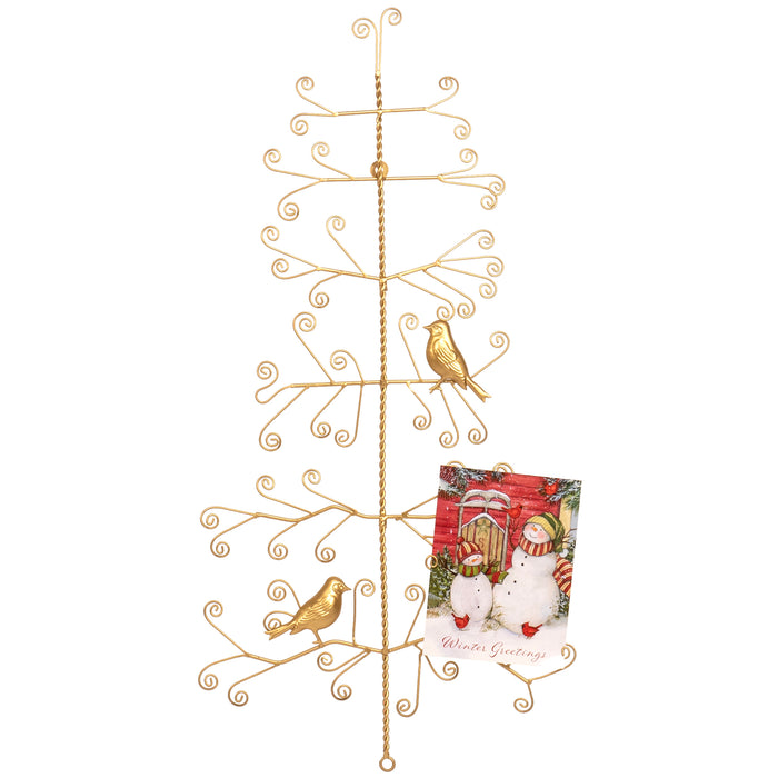 Red Co. 29” Decorative Metal Wall Display Christmas Tree Card & Photo Holder Rack with Birds – Gold