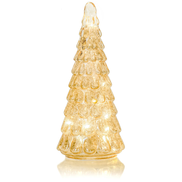 Red Co. 9.75” Light-Up Mercury Glass Christmas Tree Tabletop Display Figurine with LED Lights, Champagne Yellow