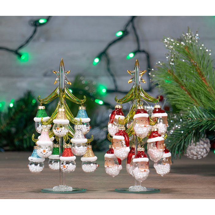 Red Co. Set of 2 Green Glass 8" Christmas Tree Tabletop Display Decorations with 12 Santa & Snowmen Ornaments