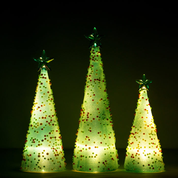 Red Co. 11”, 9.5”, and 8” Glass Christmas Tree Figurine Ornaments with LED Lights, Light-Up Holiday Season Décor – Iridescent Pearls – Set of 3 Sizes