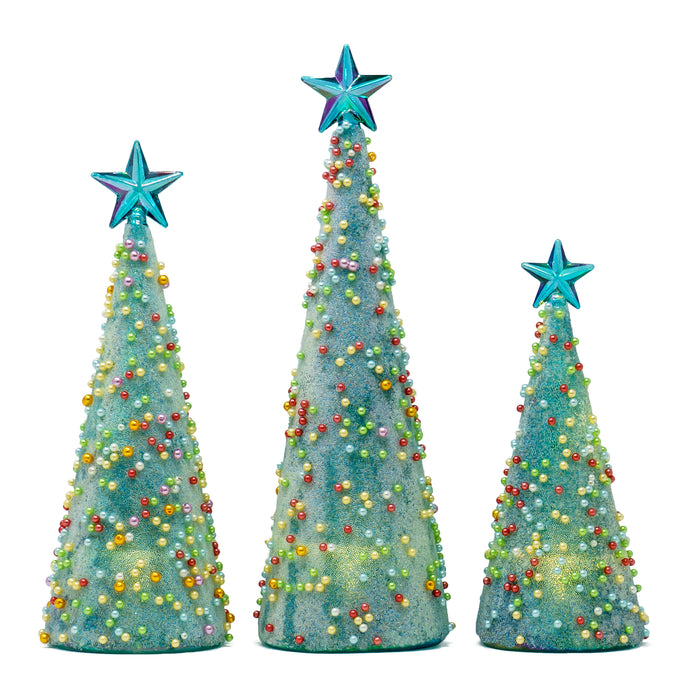 Red Co. 11”, 9.5”, and 8” Glass Christmas Tree Figurine Ornaments with LED Lights, Light-Up Holiday Season Décor – Iridescent Pearls – Set of 3 Sizes