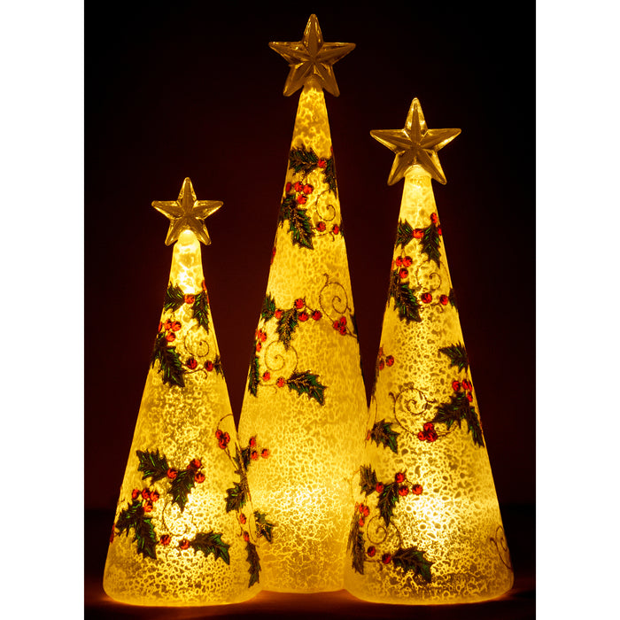 Red Co. Glass Christmas Tree Figurine Ornaments with LED Lights, Light-Up Holiday Season Décor  Holly Berry in Silver  Set of 3 Sizes, 11 Inch, 9.5 Inch and 8 Inch