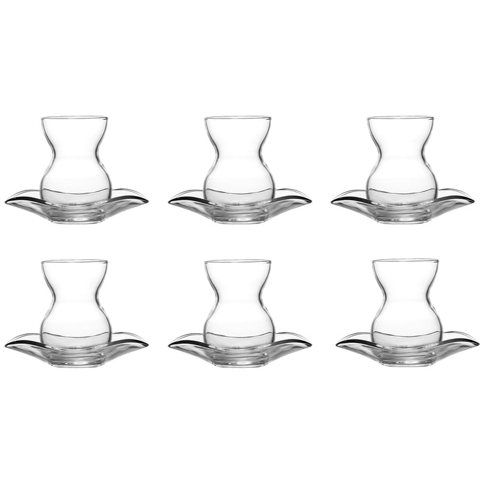 Red Co. Set of 6 Hourglass Shaped 4.75 Fl Oz Glass Turkish Tea Cups with Wavy Saucers, Clear