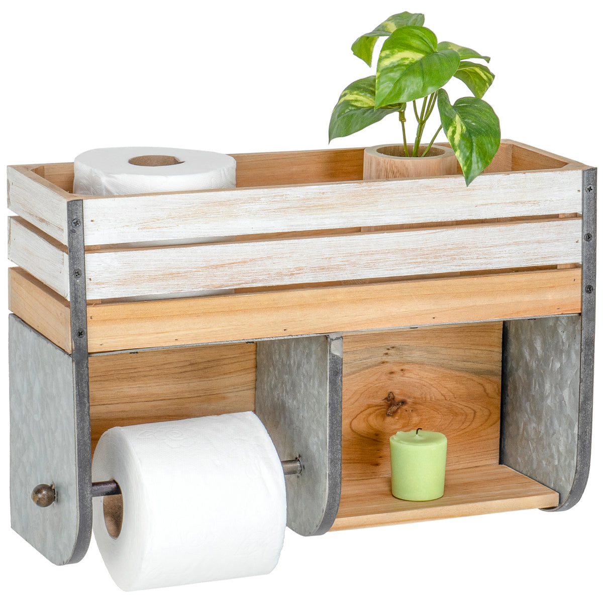 Black Metal Dual Toilet Paper Roll Holder with Gray Wood Storage Shelf and  Bottom Magazine Basket