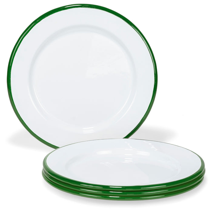 Red Co. Set of 4 Enamelware Metal Classic 8" Round Salad Plate, Solid White/Dark Green Rim