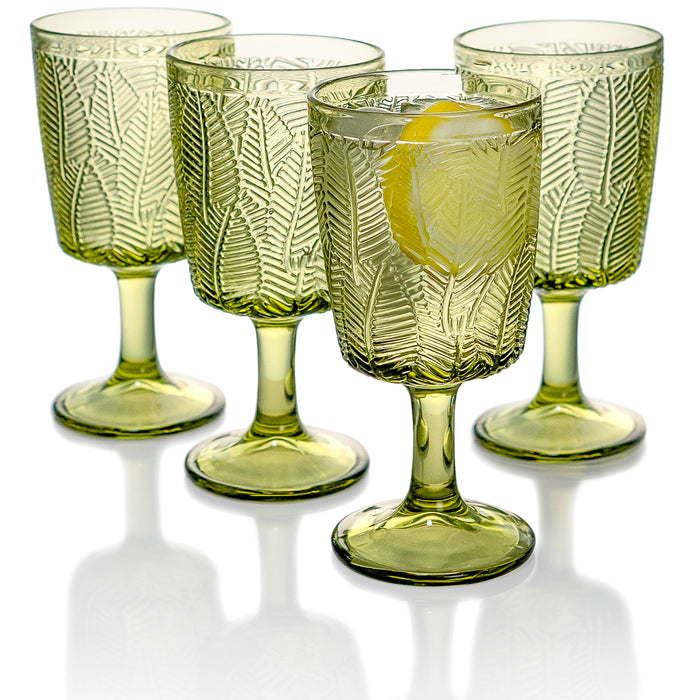 Vintage Botanist Drinking Glass Set, Luxurious Floral Embossed Decorative  Green Glassware, Set of 4, 4-inch, 12 oz