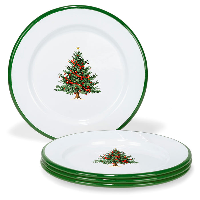 Red Co. Set of 4 Enamelware Metal 8" Round Salad Plate, Solid White/Dark Green Rim – Christmas Tree