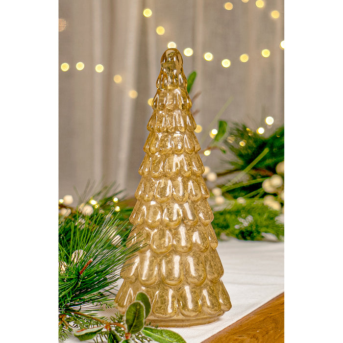 Red Co. 9.75” Light-Up Mercury Glass Christmas Tree Tabletop Display Figurine with LED Lights, Champagne Yellow