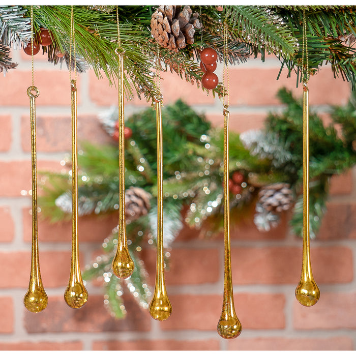 Red Co. Set of 6 Decorative 8" Glass Icicle Drop Hanging Christmas Tree Ornaments, Antique Gold