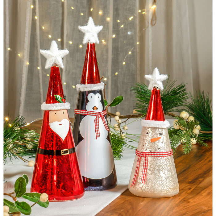 Red Co. 11”, 9.5”, 8” Light-Up Glass Christmas Tabletop Display Figurines, Set of 3 – Snowman, Santa, Penguin