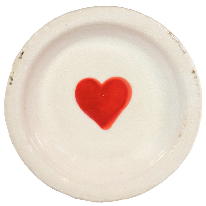 Red Co. Round Decorative White Terracotta Dish with Red Valentine’s Heart, Distressed Finish, 5-Inch