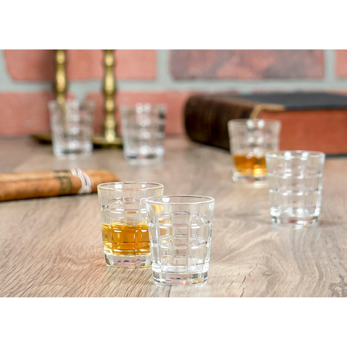 Red Co. Set of 6-2oz Clear Shot Glasses Set with Carved Pattern, Home Bar Glassware for Brandy, Liquor, Jello Shots - Grid Pattern