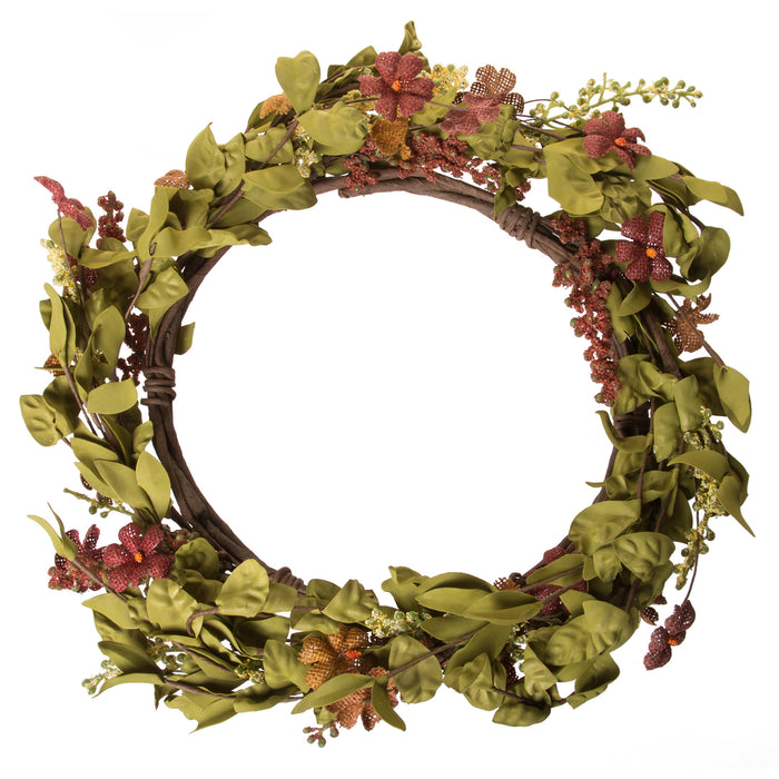 Red Co. Primitive Chic Burlap Flower Wreath Décor, Festive Indoor Outdoor Wall Decoration, 20-inch