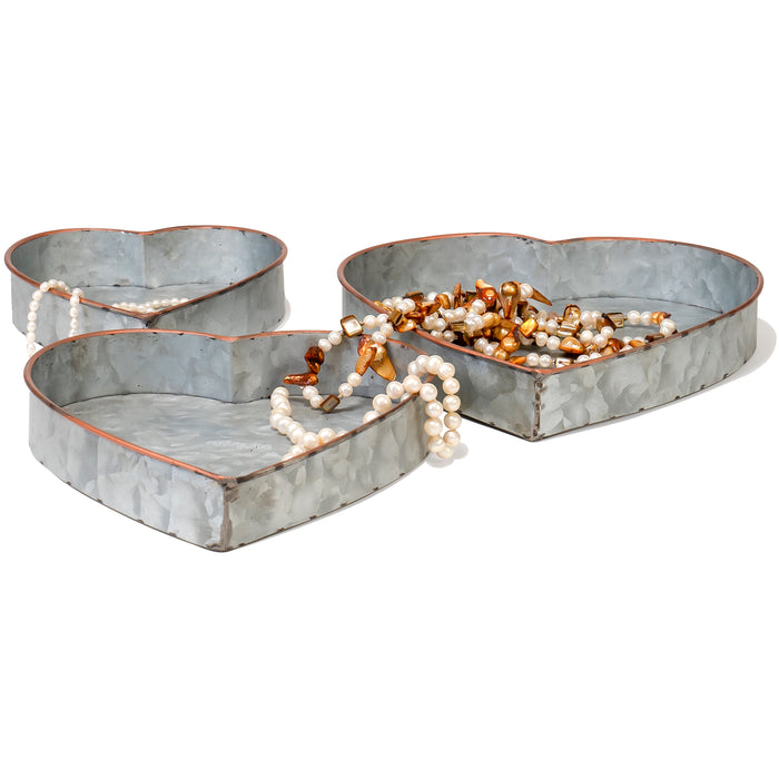 Red Co. Set of Decorative Nesting Galvanized Metal Heart Trays with Copper Rims in 3 Sizes, Distressed Grey/Rose Gold