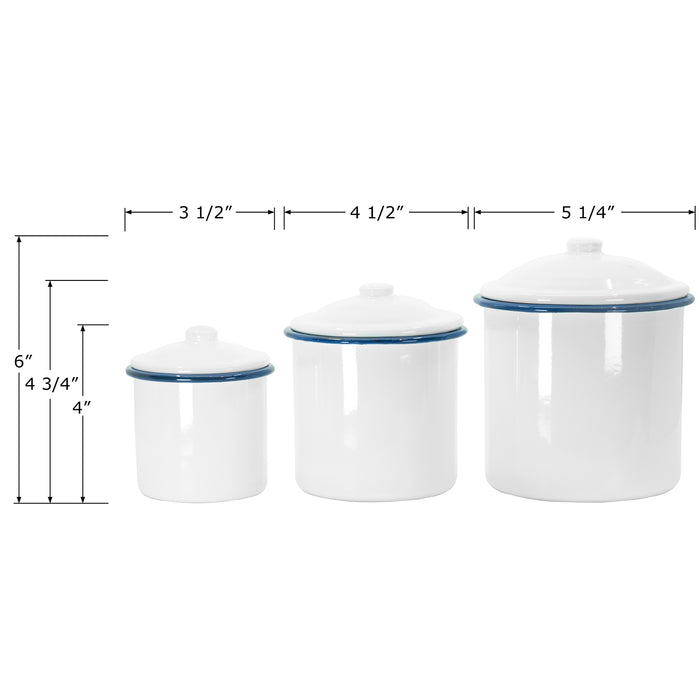 White Enamelware Mug Pots with Blue Rim & Lid - Set of 3 Nesting Cups, Perfect for Picnic, Camping, Outdoor Activity