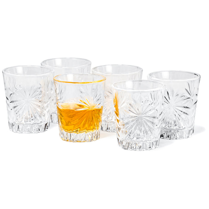 Red Co. Set of 6-2oz Clear Shot Glasses Set with Carved Pattern, Home Bar Glassware for Brandy, Liquor, Jello Shots - Rising Star Pattern