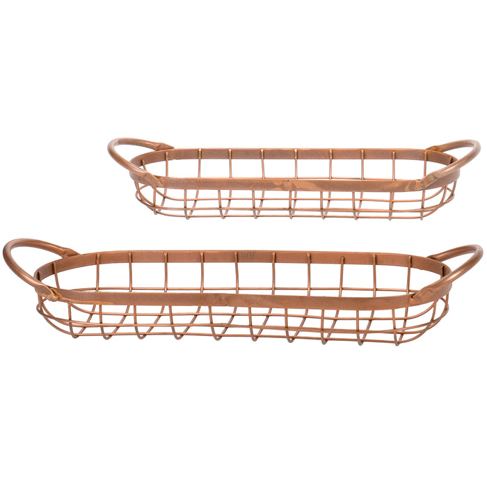 Red Co. Decorative Rustic Style Long Oval Metal Wire Bread Serving Basket Trays in Copper Finish with Handles – Set of 2 Sizes