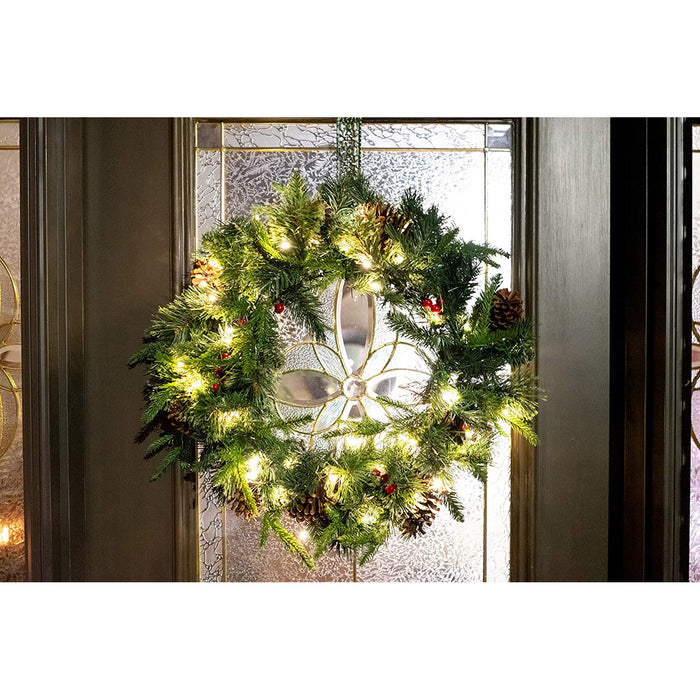 Red Co. Artificial Christmas Wreath with Pine & Red Cranberries, Festive Indoor Outdoor Wall Decoration, Battery Operated LED Lights with Timer - 24-inch