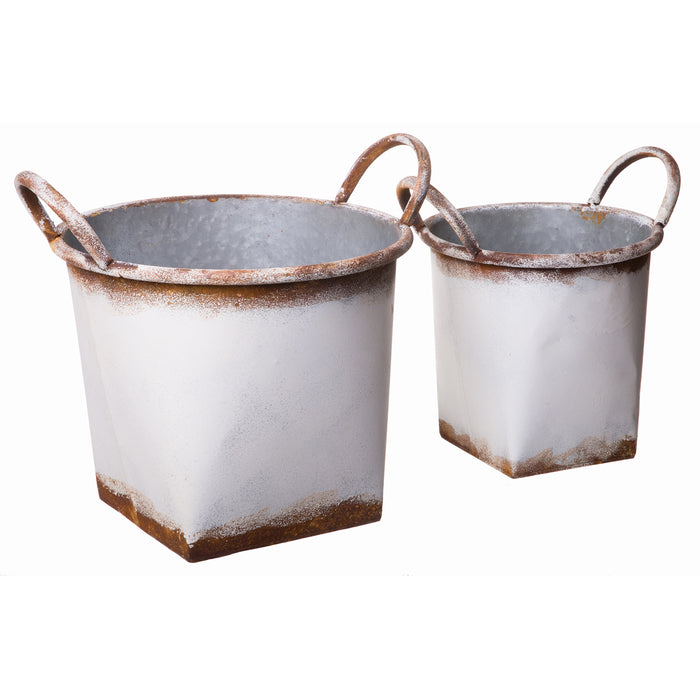 Set of 2 White Metal Nesting Buckets - Rustic Home Décor, Small and Large - 11" H and 9" H