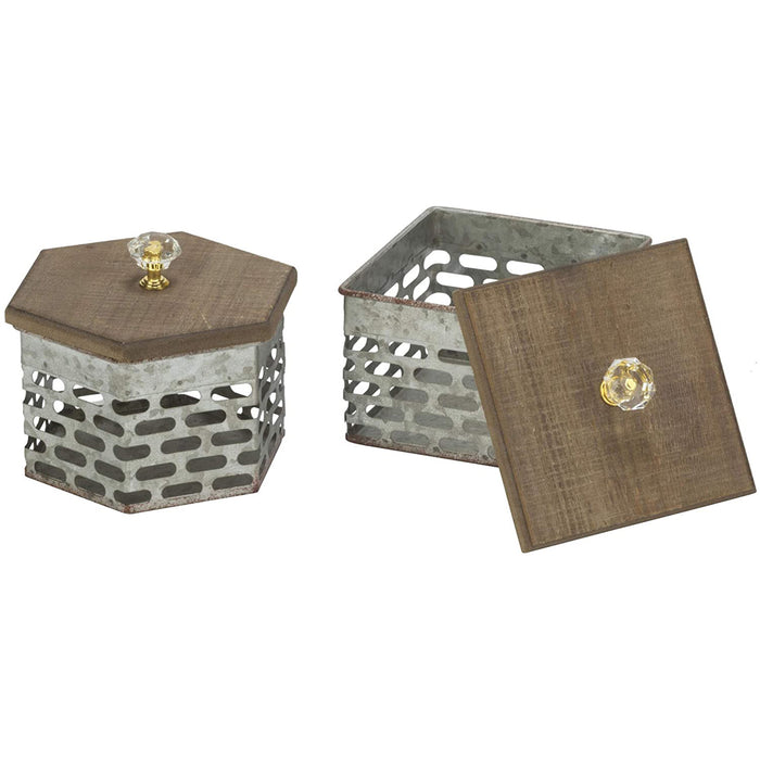 Red Co. Decorative Galvanized Metal Storage Boxes with Wooden Lid & Acrylic Gold Accent Knob - Set of 2