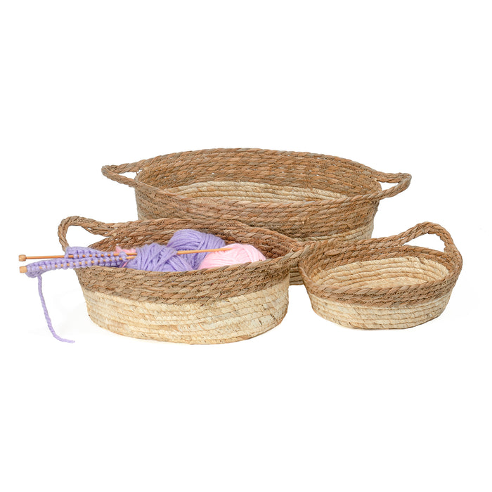 Red Co. Set of 3 Decorative 21”, 17”, and 14” Oval Nesting Seagrass Storage Baskets with Handles, Brown / Beige