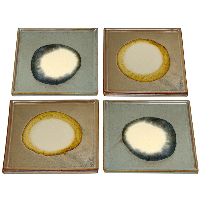 Red Co. Decorative Stoneware Square Trays, Yellow and Blue Ceramic Table Coaster, for Kitchen Dining and Décor - 8 Inches