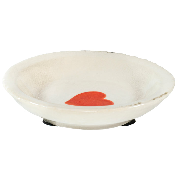 Red Co. Round Decorative White Terracotta Dish with Red Valentine’s Heart, Distressed Finish, 5-Inch